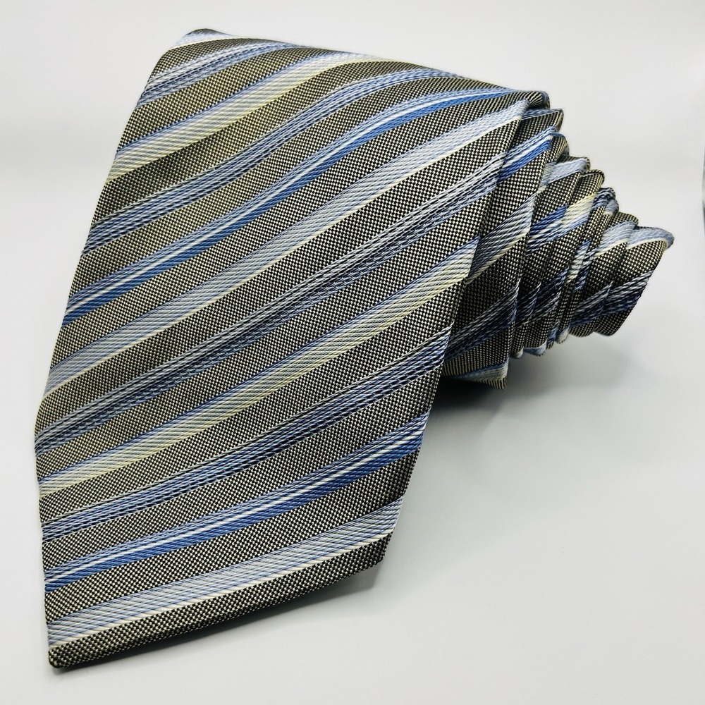 Roberto Villini Couture Silk Necktie Designer STRIPE Silver Gold 3.5" x 58"‎